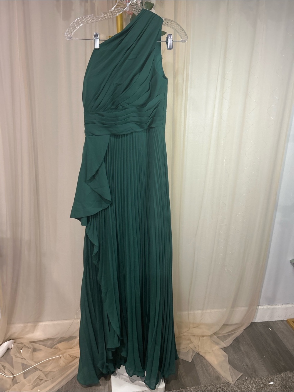 Olive Green Pleated Evening Gown - Picture 2 of 4